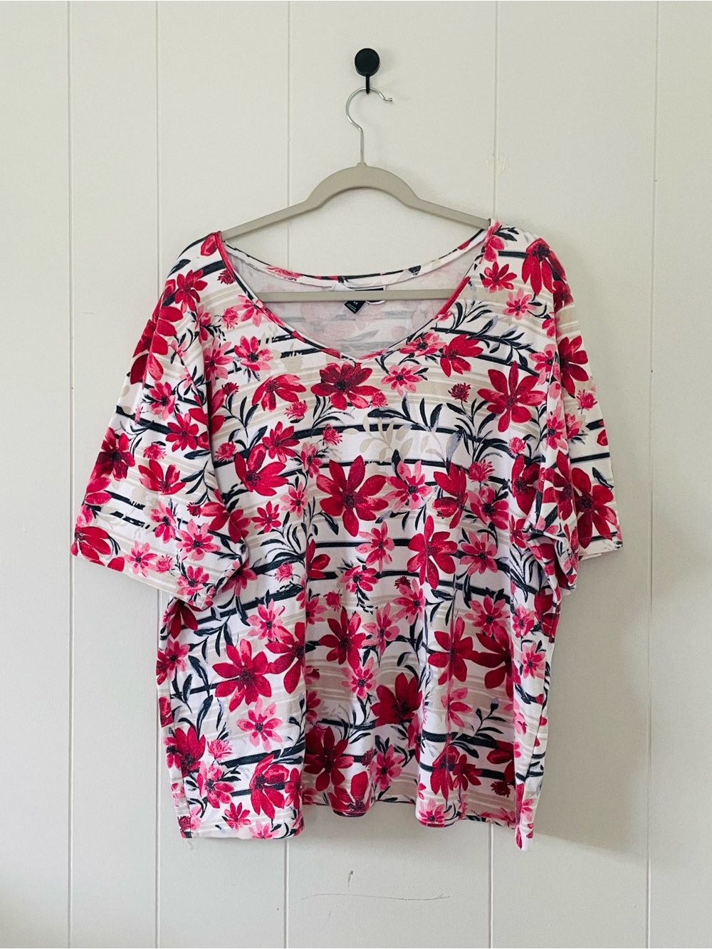 Karen Scott White Tee with Pink Floral Stripe